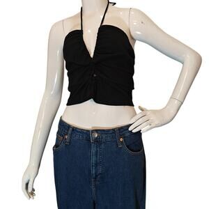 Wild Fable Black Halter Crop Top Ruched Front Size Medium
